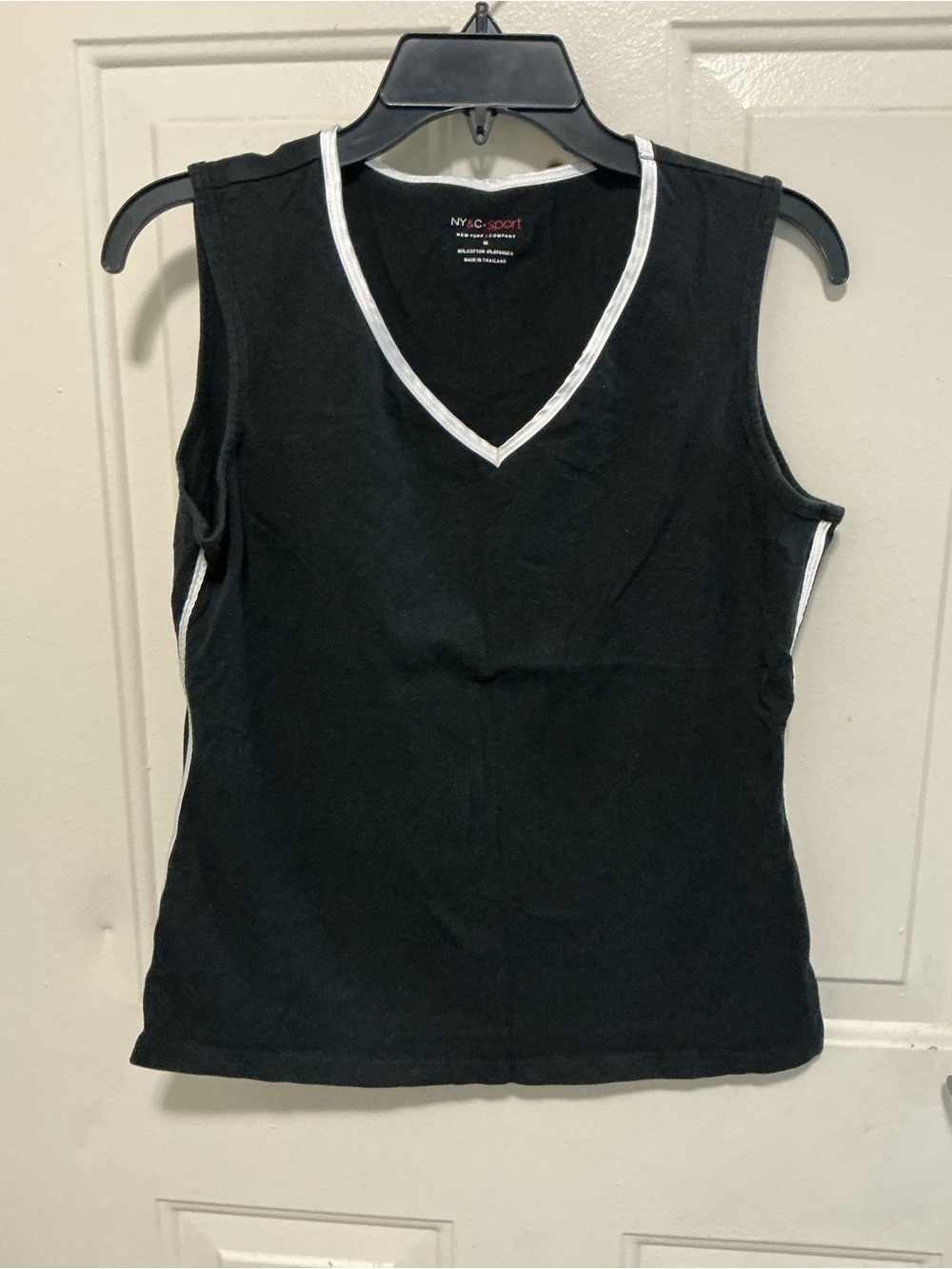 New York & Company Black V-Neck Tank with White Trim